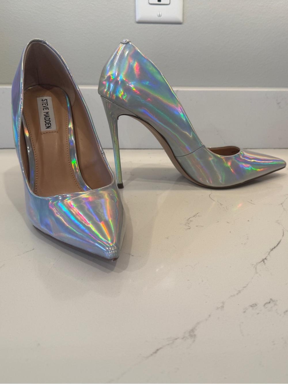Steve Madden Holographic Pointed-Toe Stiletto Heels - Iridescent Silver